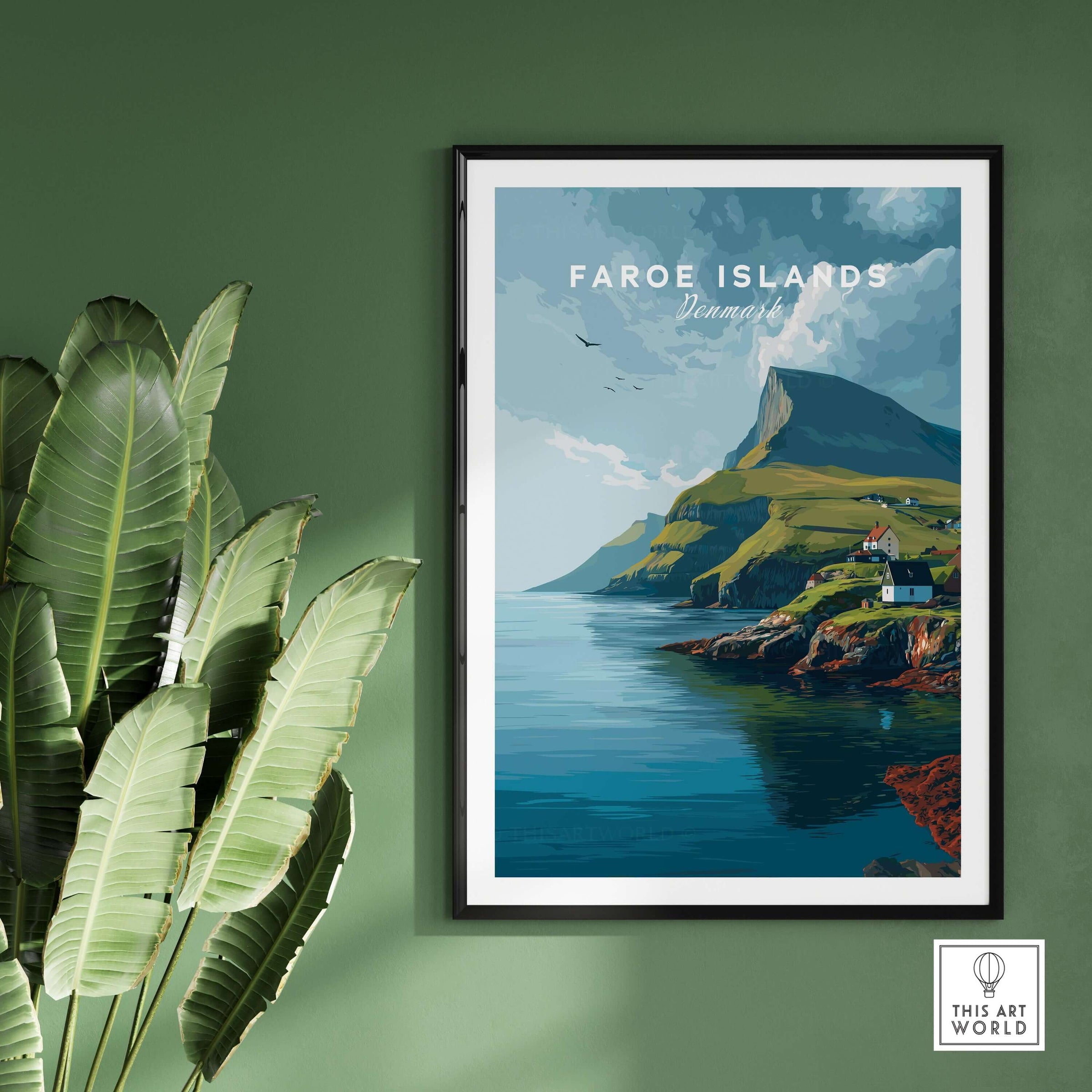 Faroe Islands Art Print | Denmark Poster, featuring dramatic landscapes and coastal scenery in a modern frame.