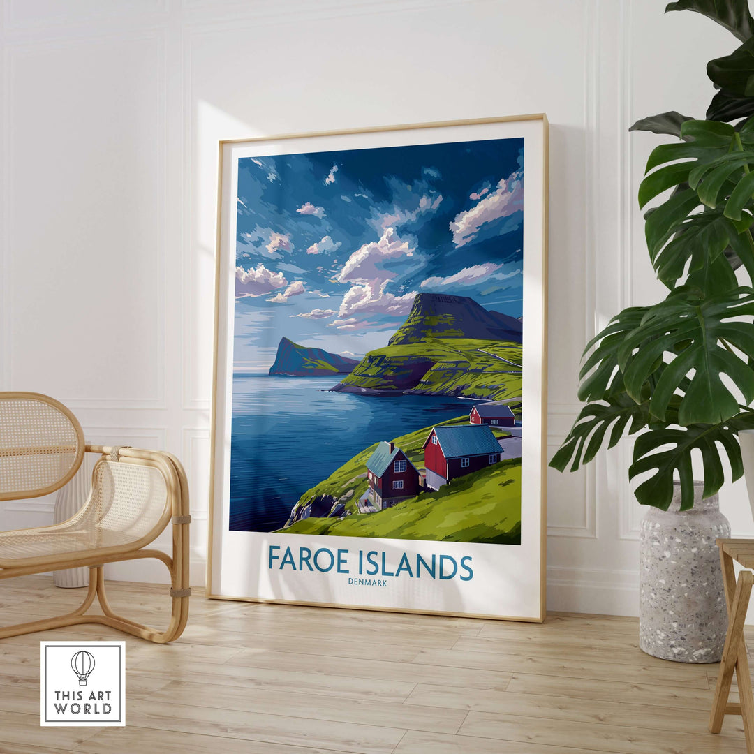Faroe Islands Art Print | Denmark Poster showcasing dramatic landscapes and charming houses on a serene coastline.