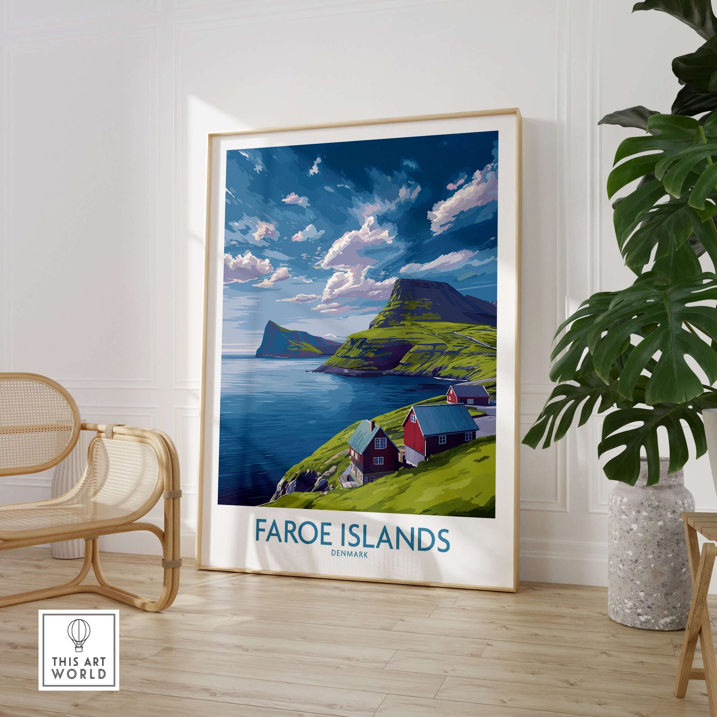 Faroe Islands Art Print | Denmark Poster showcasing dramatic landscapes and serene nature scenes in a stylish living room setting.