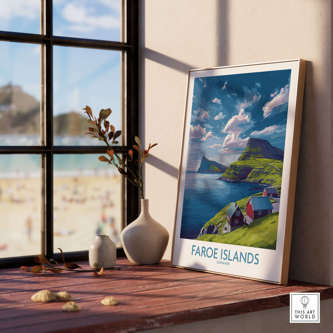 Faroe Islands Art Print | Denmark Poster showcasing stunning coastal scenery and vibrant colors in a cozy interior setting.
