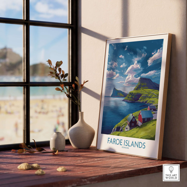 Faroe Islands Art Print | Denmark Poster showcasing stunning coastal scenery and vibrant colors in a cozy interior setting.