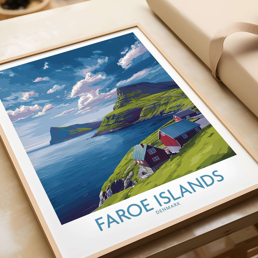Faroe Islands Art Print | Denmark Poster featuring a stunning coastal landscape and colorful houses.