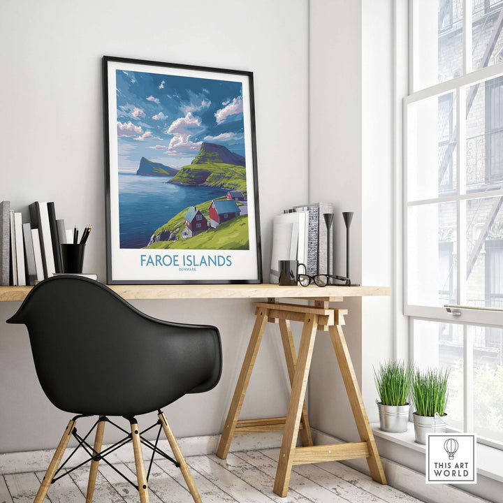 Faroe Islands Art Print | Denmark Poster displayed in a modern home office setting with scenic landscape.