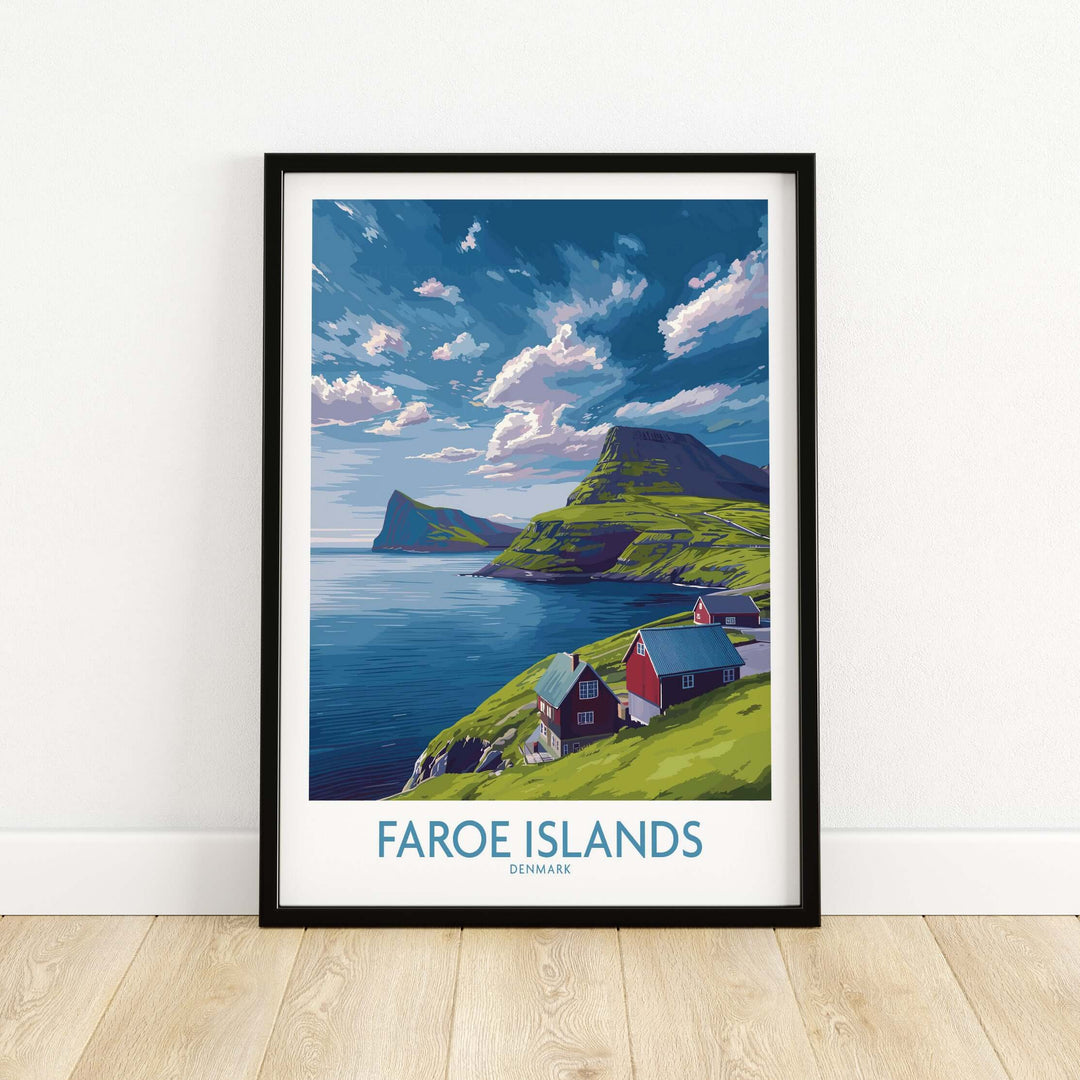 Faroe Islands Art Print | Denmark Poster showcasing dramatic landscapes of the Faroe Islands in a framed design.