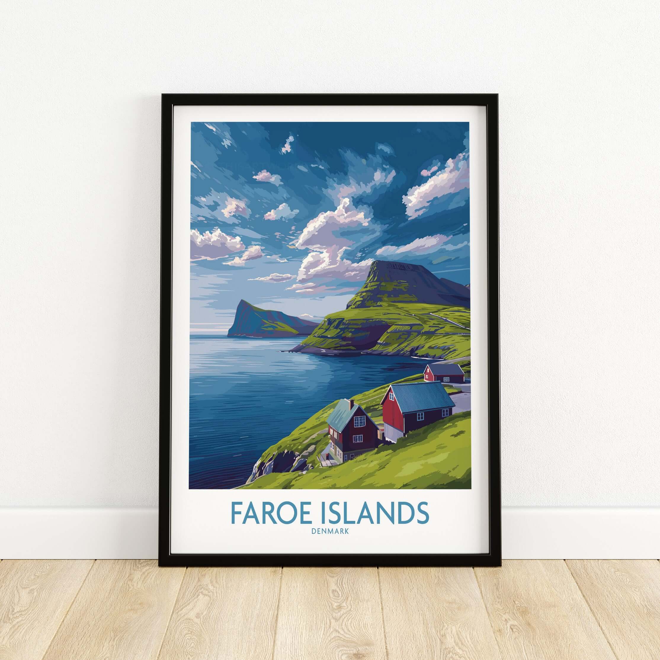 Faroe Islands Art Print | Denmark Poster showcasing scenic landscapes of the Faroe Islands with colorful houses.