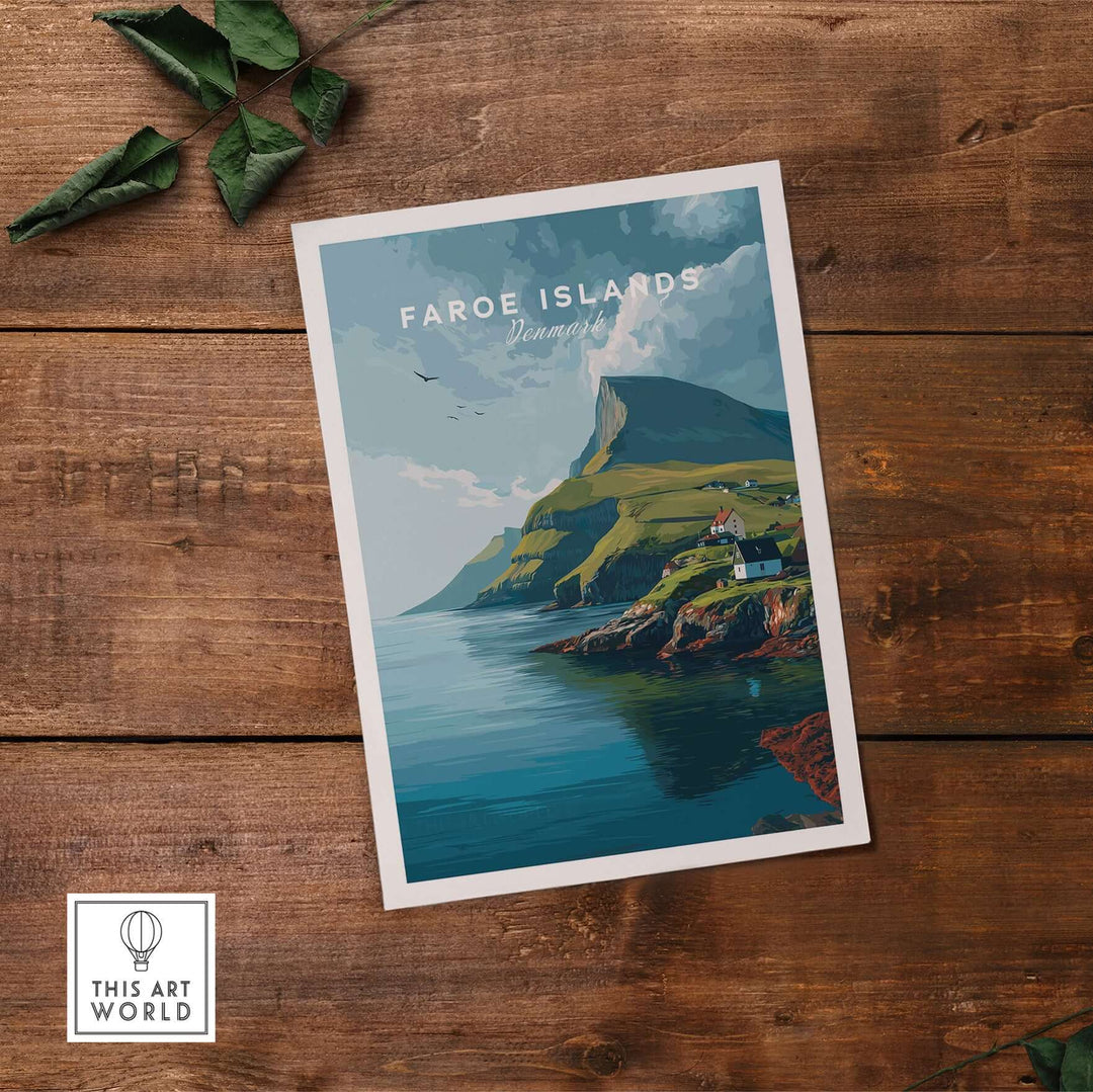 Faroe Islands Art Print | Denmark Poster showcasing a stunning landscape of the Faroe Islands on a wooden table.