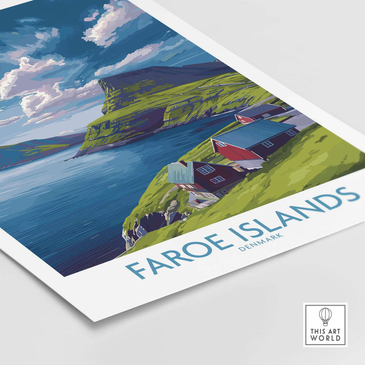 Faroe Islands Art Print | Denmark Poster showcasing dramatic landscapes and colorful houses by the water.