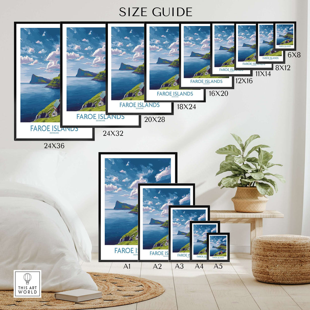Size guide for Faroe Islands Art Print | Denmark Poster showcasing various frame sizes in a stylish interior setting.