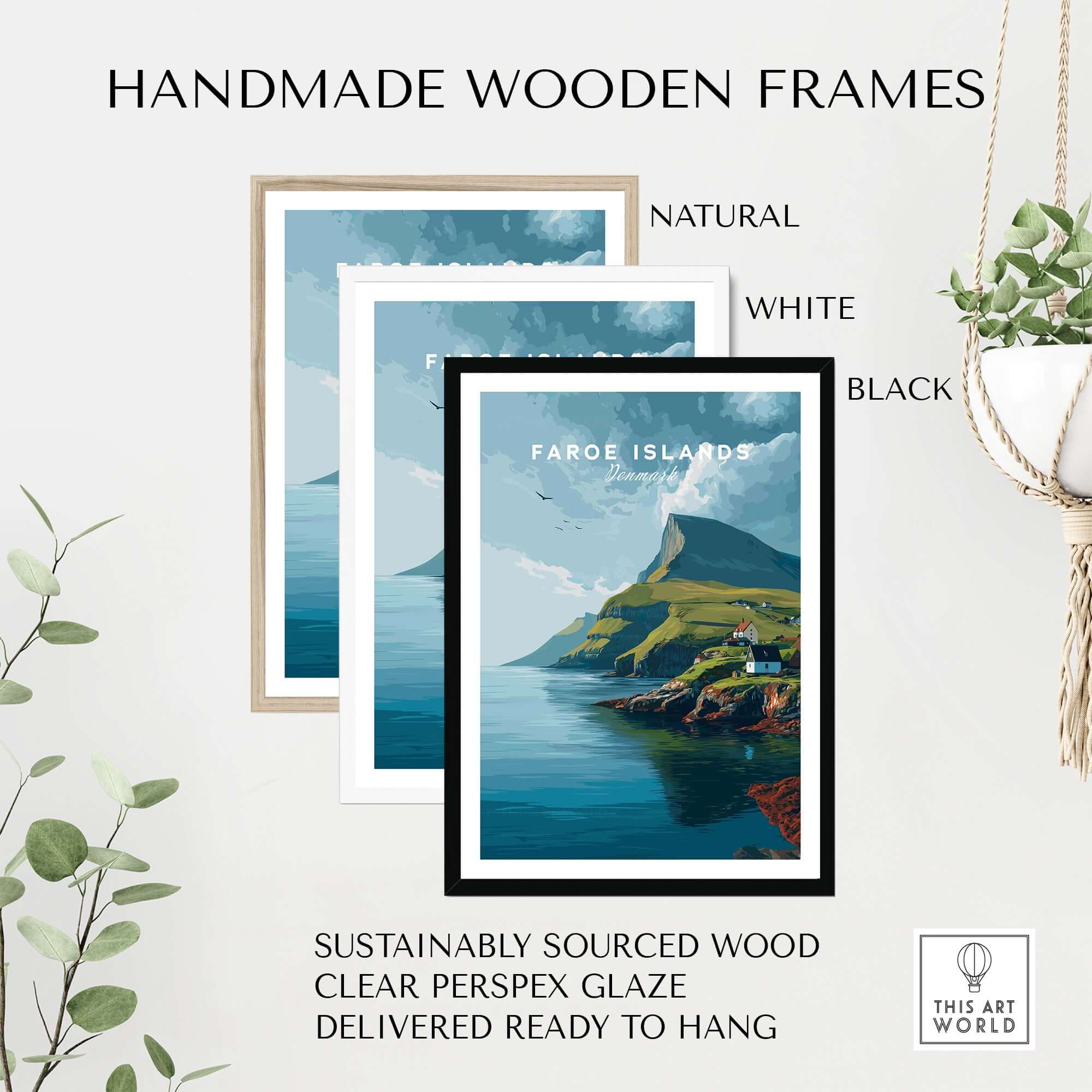 Handmade wooden frames for Faroe Islands Art Print | Denmark Poster in natural, white, and black finishes.