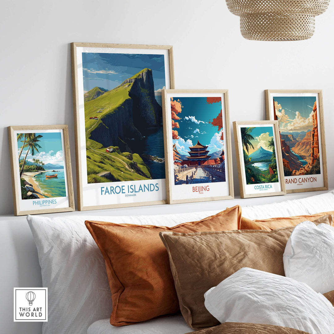 Faroe Islands Art Print | High Cliffs Travel Poster displayed among other travel posters on a cozy shelf.