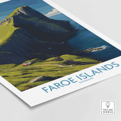 Faroe Islands Art Print | High Cliffs Travel Poster featuring a dramatic mountain landscape in Denmark.
