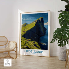 Faroe Islands Art Print | High Cliffs Travel Poster featuring dramatic cliffs and vibrant landscapes.