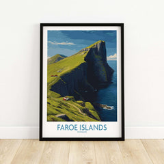 Faroe Islands Art Print | High Cliffs Travel Poster showcasing towering cliffs and rugged coastline.