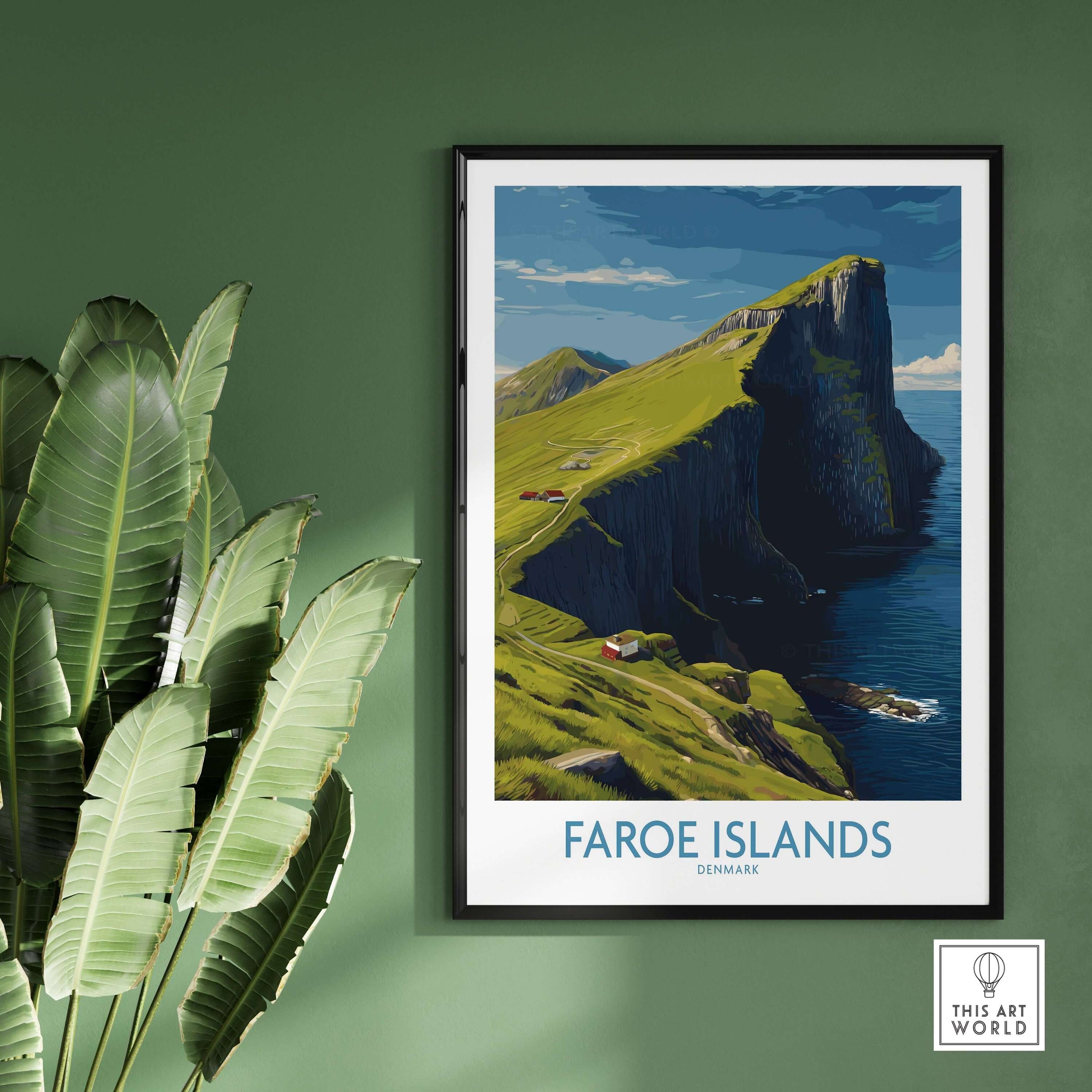 Faroe Islands Art Print | High Cliffs Travel Poster showcasing stunning cliffs and coastline.