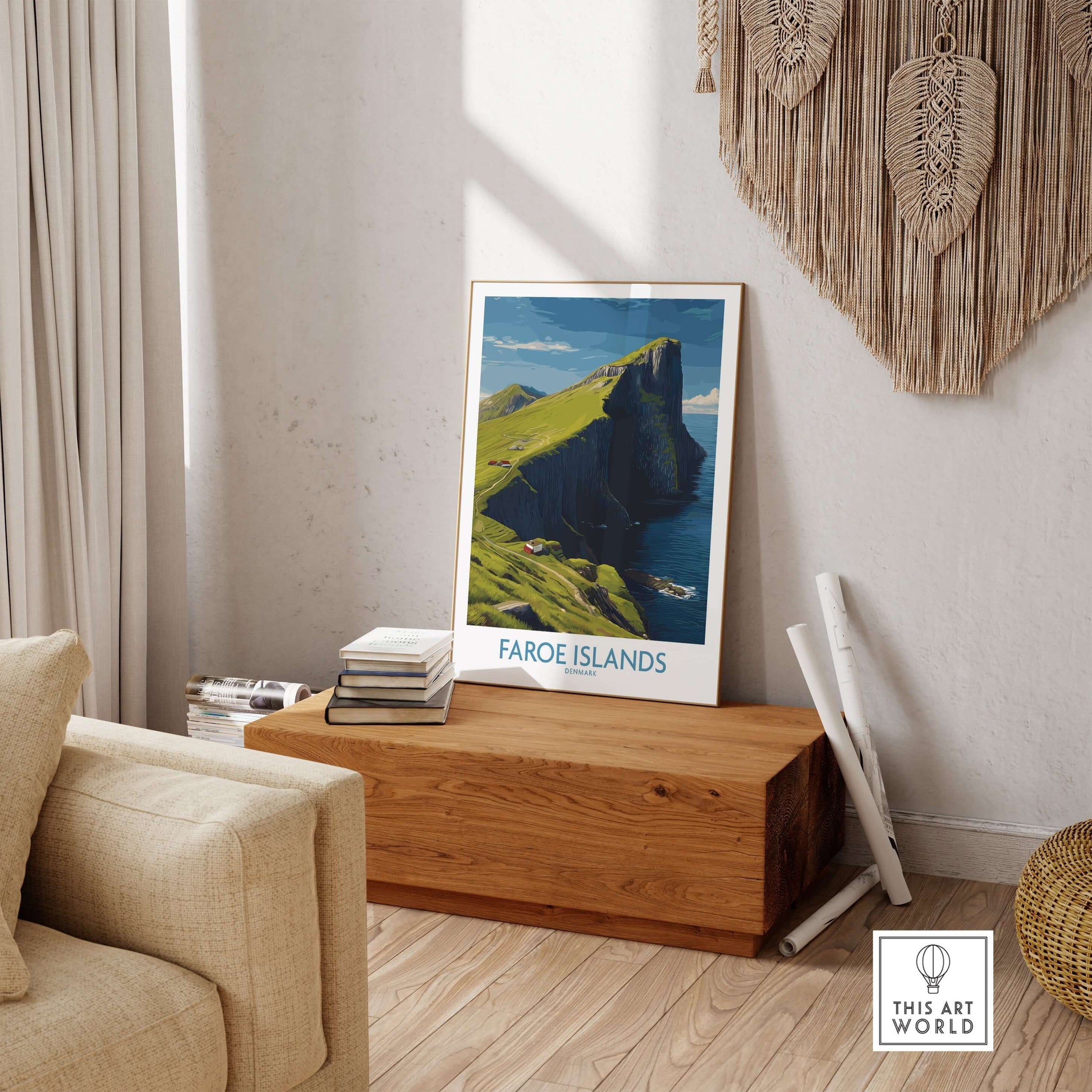 Faroe Islands Art Print | High Cliffs Travel Poster displayed in a cozy living room setting with natural decor.