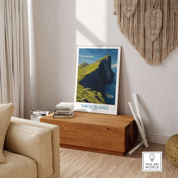 Faroe Islands Art Print | High Cliffs Travel Poster displayed in a cozy living room setting with wooden decor.