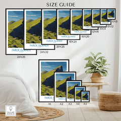 Faroe Islands Art Print | High Cliffs Travel Poster size guide showcasing various frame sizes in a modern interior.