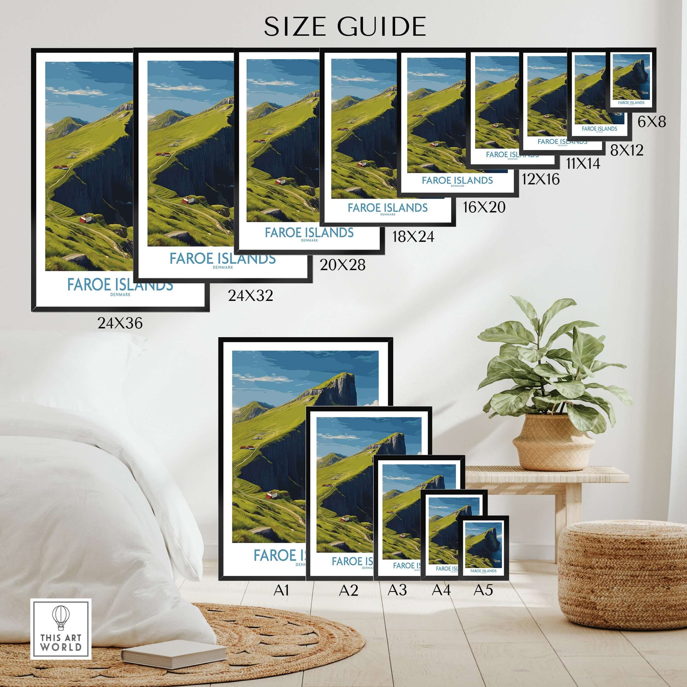 Faroe Islands Art Print | High Cliffs Travel Poster size guide showcasing various frame sizes in a modern interior.