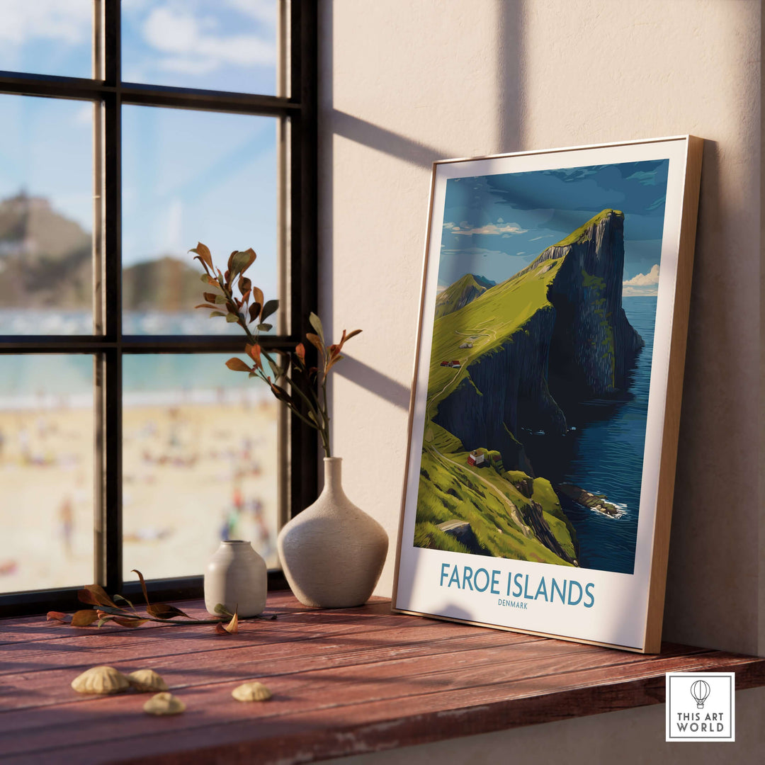 Faroe Islands Art Print | High Cliffs Travel Poster displayed in a bright room with a beach view.