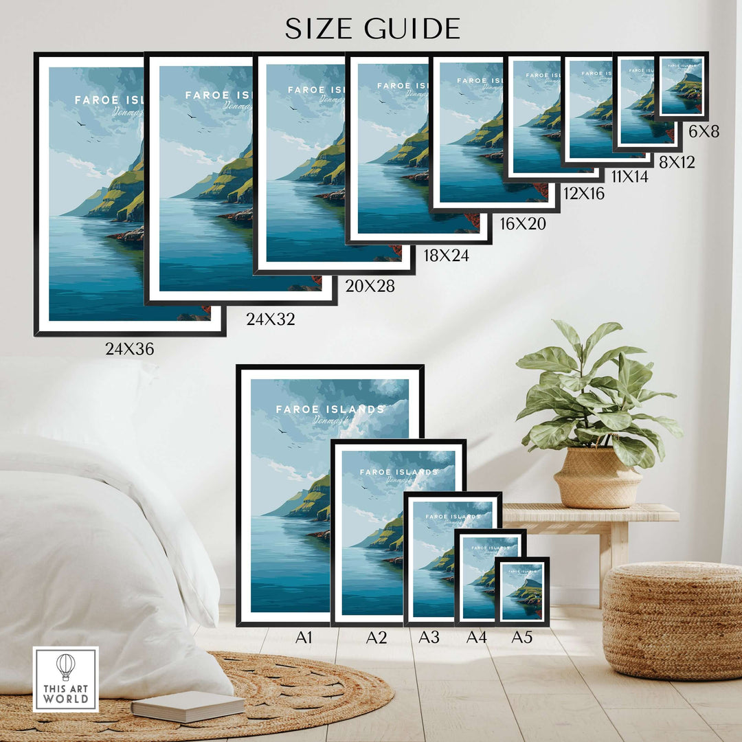 Faroe Islands Art Print | Denmark Poster size guide showcasing various dimensions and framing options.