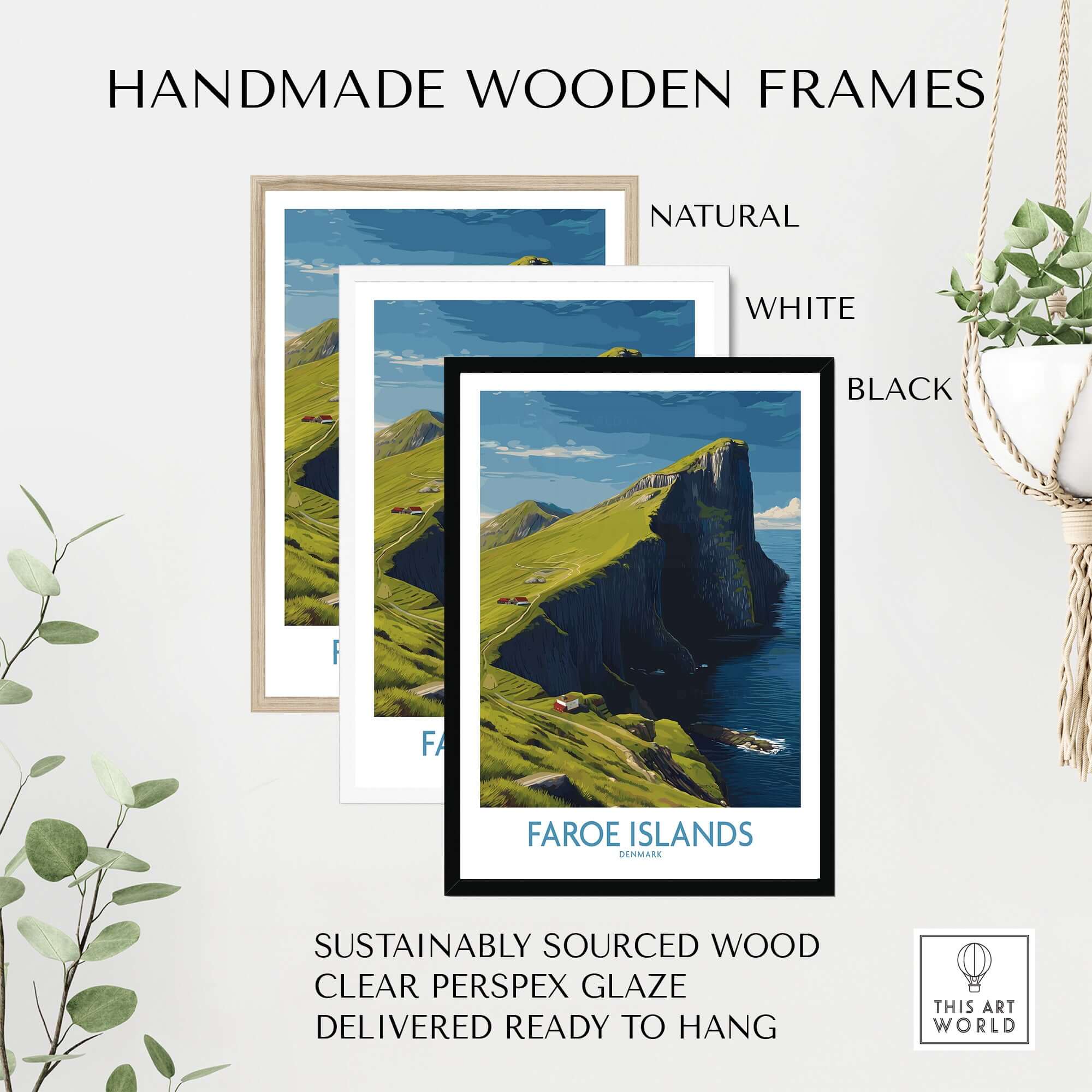 Faroe Islands Art Print | High Cliffs Travel Poster framed in natural, white, and black handmade wooden frames.