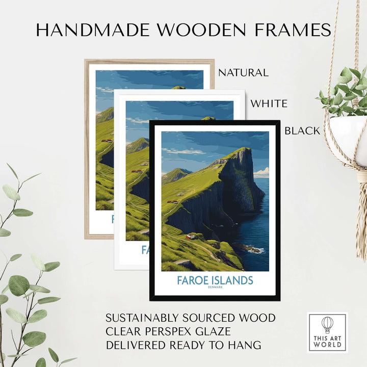 Faroe Islands Art Print | High Cliffs Travel Poster displayed in handmade wooden frames in natural, white, and black.