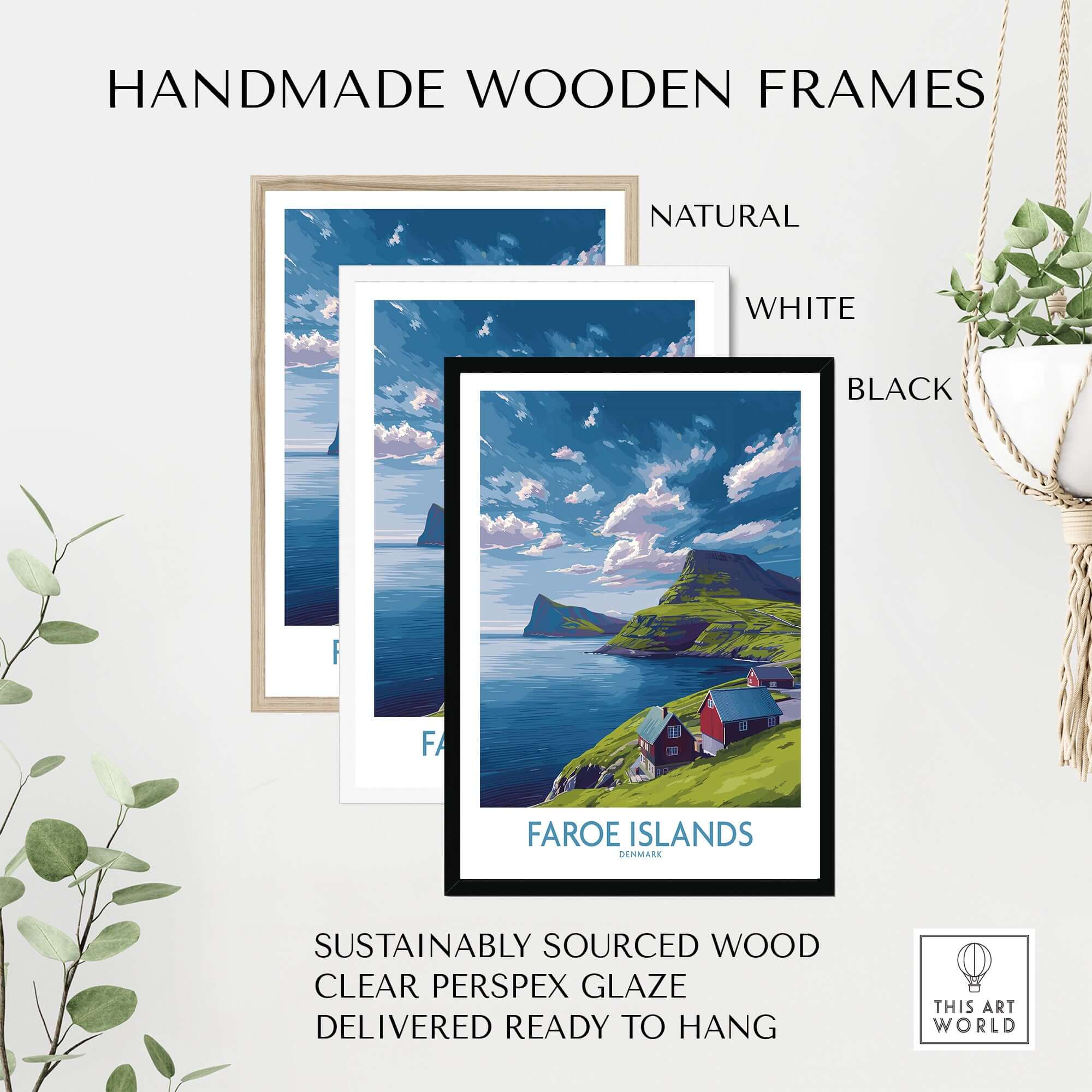Faroe Islands Art Print | Denmark Poster displayed in handmade wooden frames in natural, white, and black finishes.
