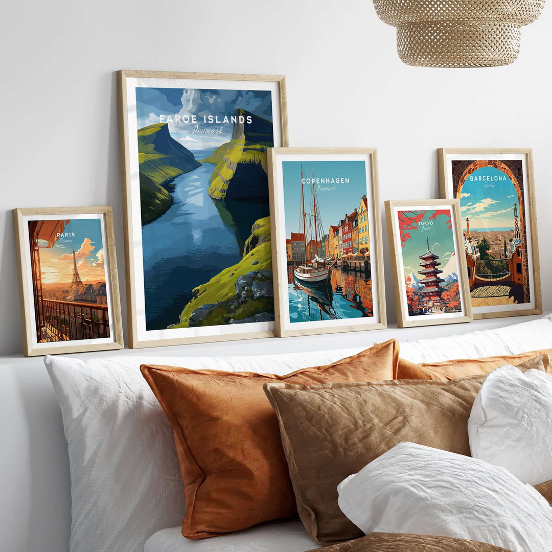 Faroe Islands Vertical Cliffs Canyon Print | Nordic Wild Nature Decor displayed among framed cityscape artwork.