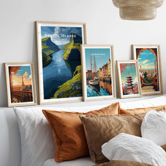 Faroe Islands Vertical Cliffs Canyon Print | Nordic Wild Nature Decor featured among other framed prints on a modern wall.