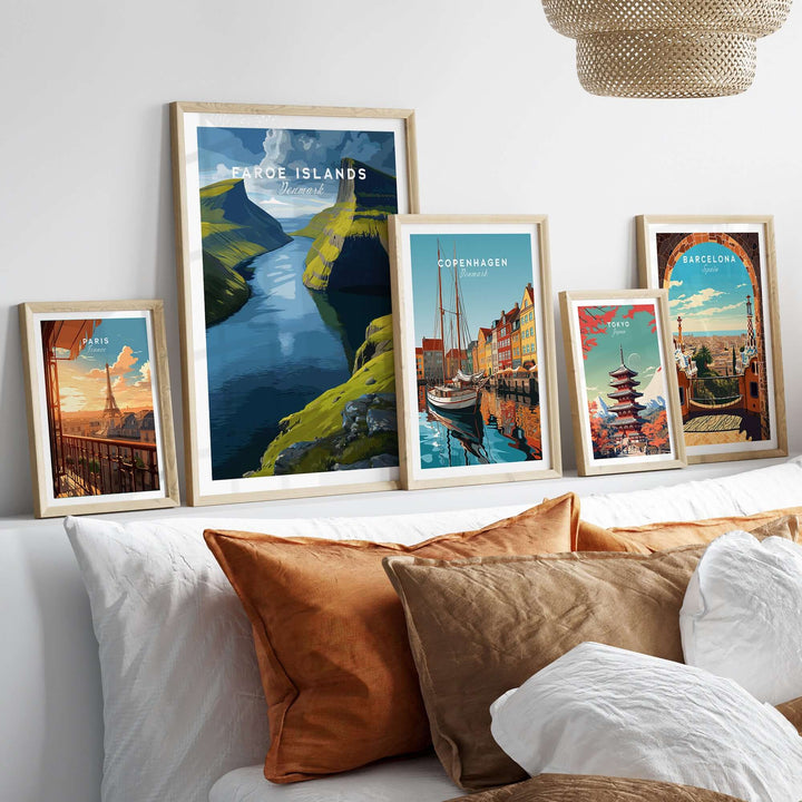Faroe Islands Vertical Cliffs Canyon Print | Nordic Wild Nature Decor displayed among framed cityscape artwork.