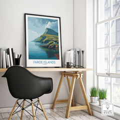 Faroe Islands Print | Dramatic Cliffs Travel Poster showcased in a stylish workspace with a modern design.