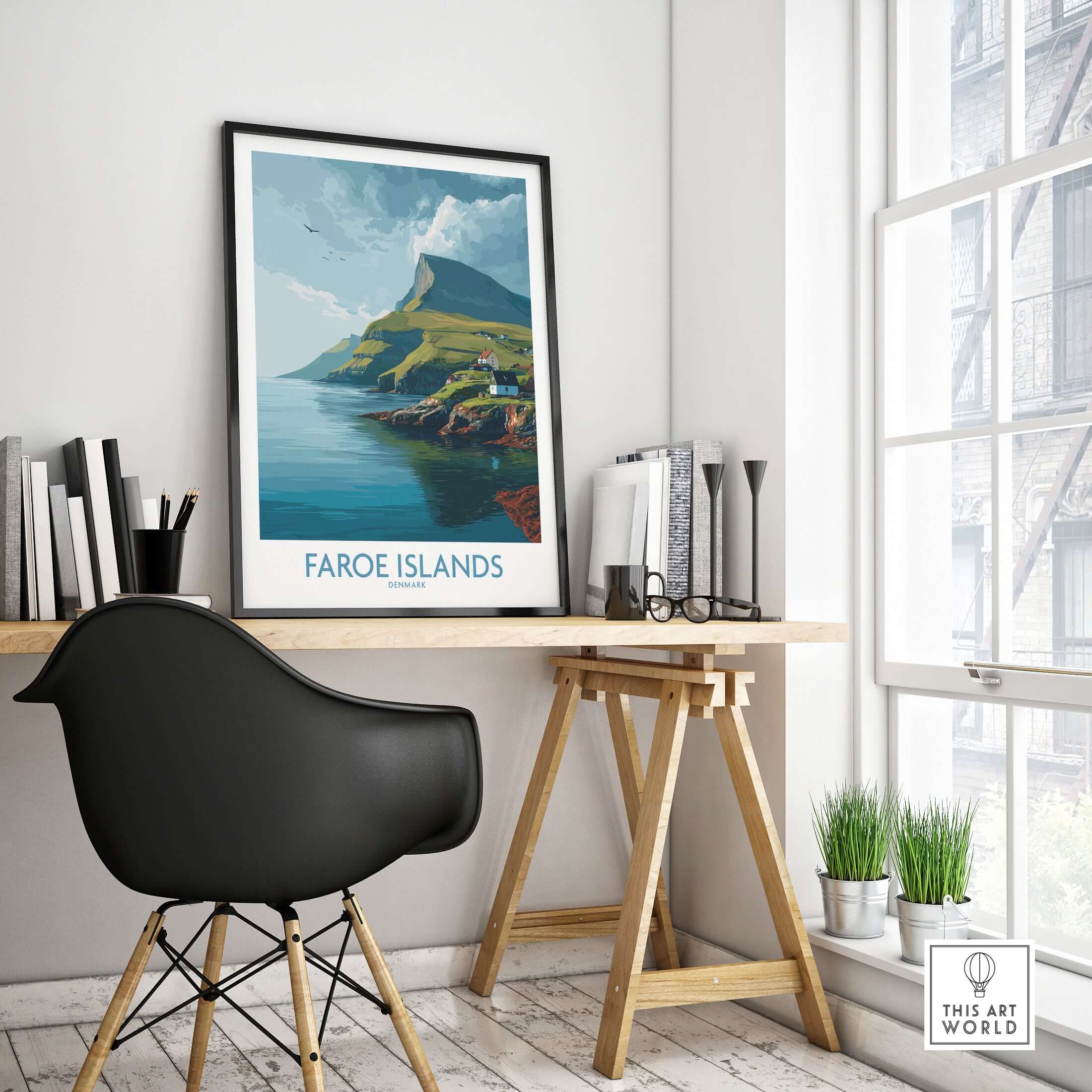 Faroe Islands Print | Dramatic Cliffs Travel Poster showcased in a stylish workspace with a modern design.