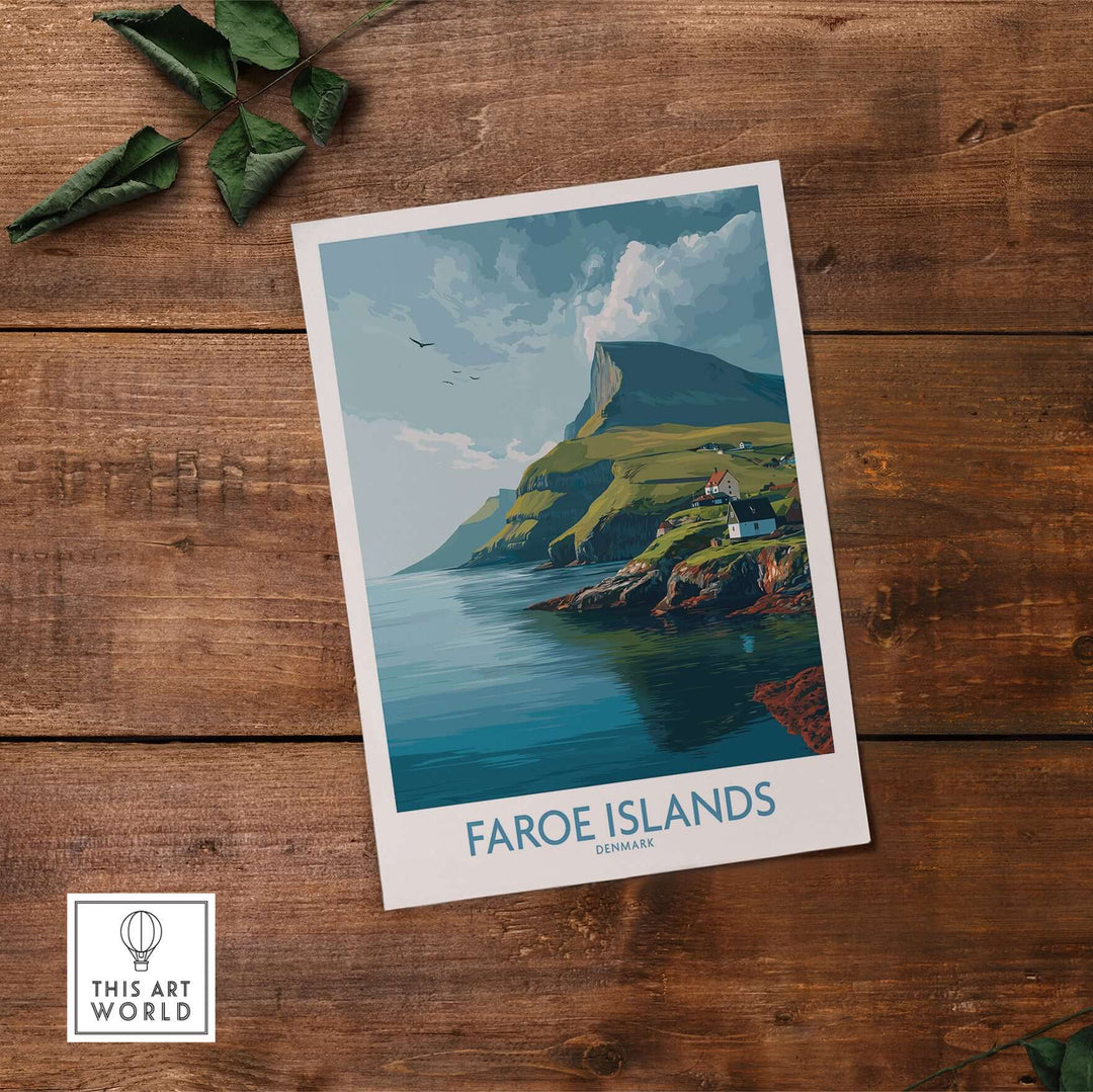 Faroe Islands Print | Dramatic Cliffs Travel Poster featuring stunning coastal scenery and dramatic cliffs.