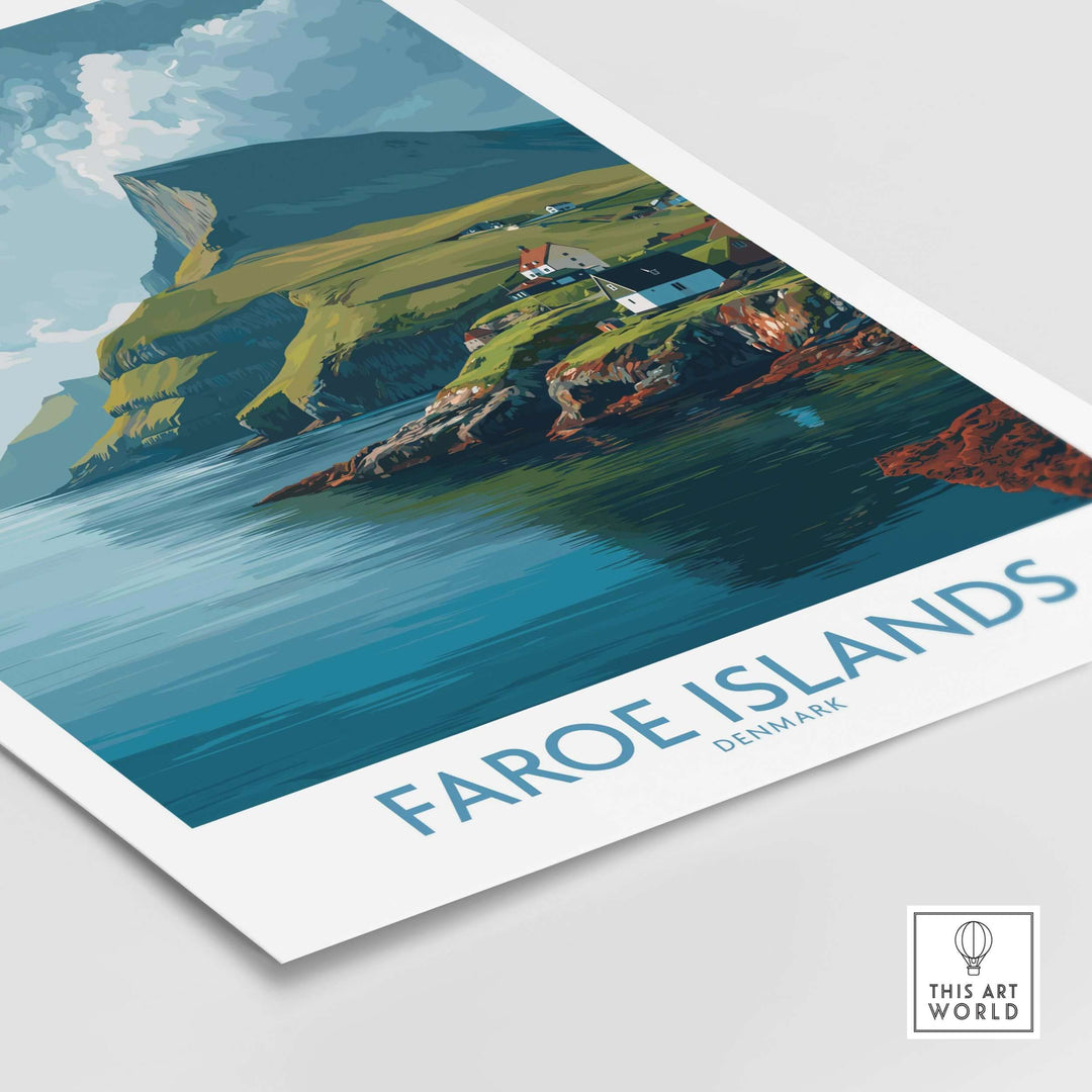 Faroe Islands Print | Dramatic Cliffs Travel Poster showcasing stunning cliffs and coastal scenery.