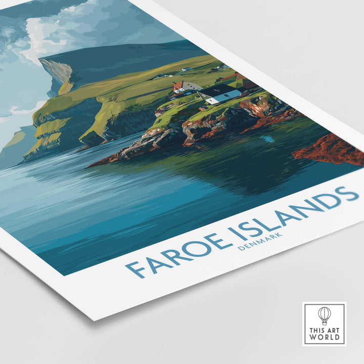 Faroe Islands Print | Dramatic Cliffs Travel Poster showcasing stunning cliffs and coastal scenery.