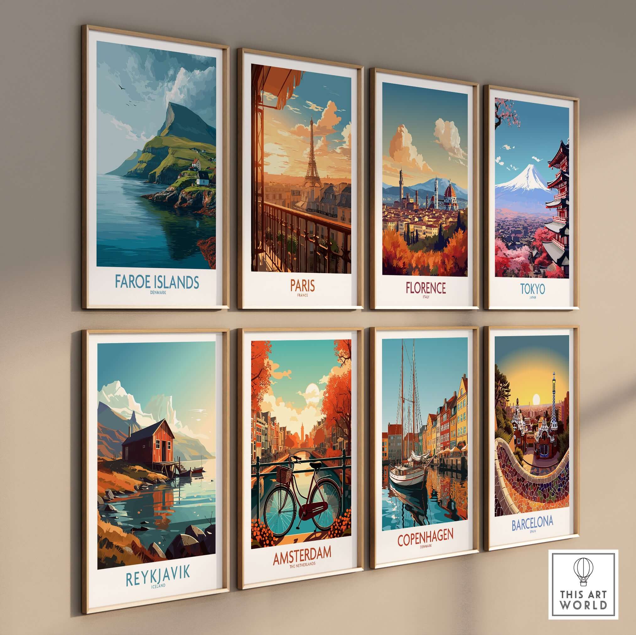 Faroe Islands Print | Dramatic Cliffs Travel Poster displayed among other city travel posters.