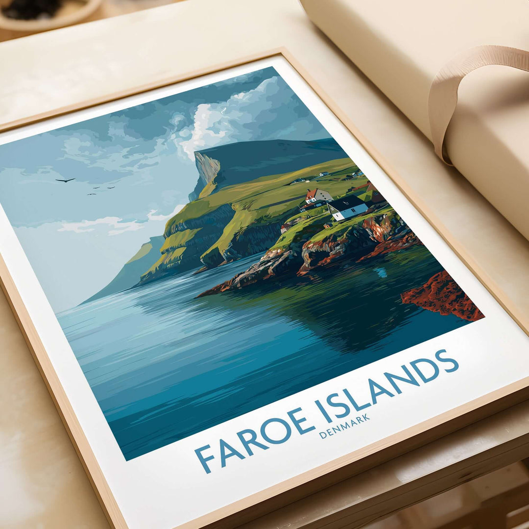 Faroe Islands Print | Dramatic Cliffs Travel Poster showcasing stunning coastal scenery and cliffs in Denmark.