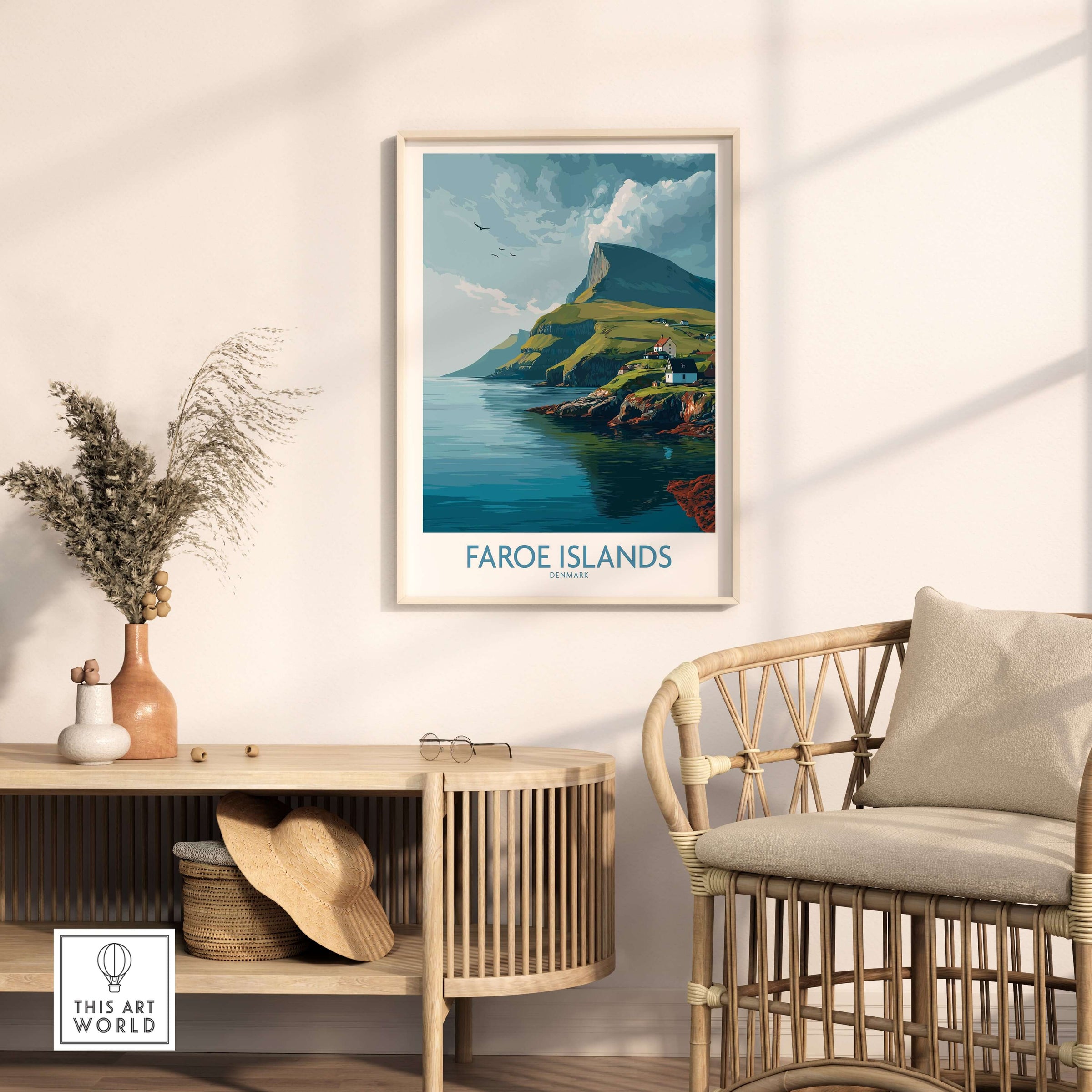 Faroe Islands Print | Dramatic Cliffs Travel Poster showcasing scenic coastal cliffs and serene waters.