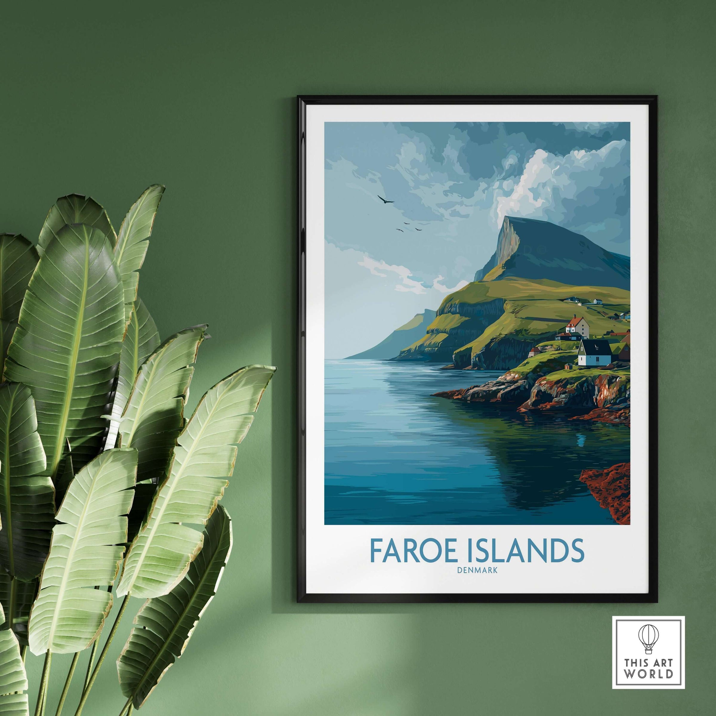 Faroe Islands Print | Dramatic Cliffs Travel Poster showcasing stunning cliffs and coastal scenery.