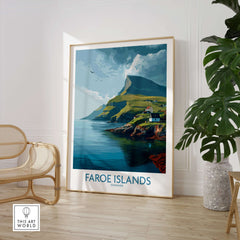 Faroe Islands Print | Dramatic Cliffs Travel Poster displayed in a modern room, featuring majestic cliffs and coastal scenery.