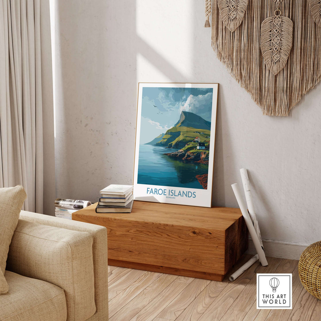 Faroe Islands Print | Dramatic Cliffs Travel Poster displayed in a stylish room with natural decor