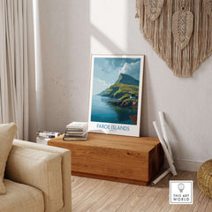 Faroe Islands Print | Dramatic Cliffs Travel Poster displayed in a stylish room interior.