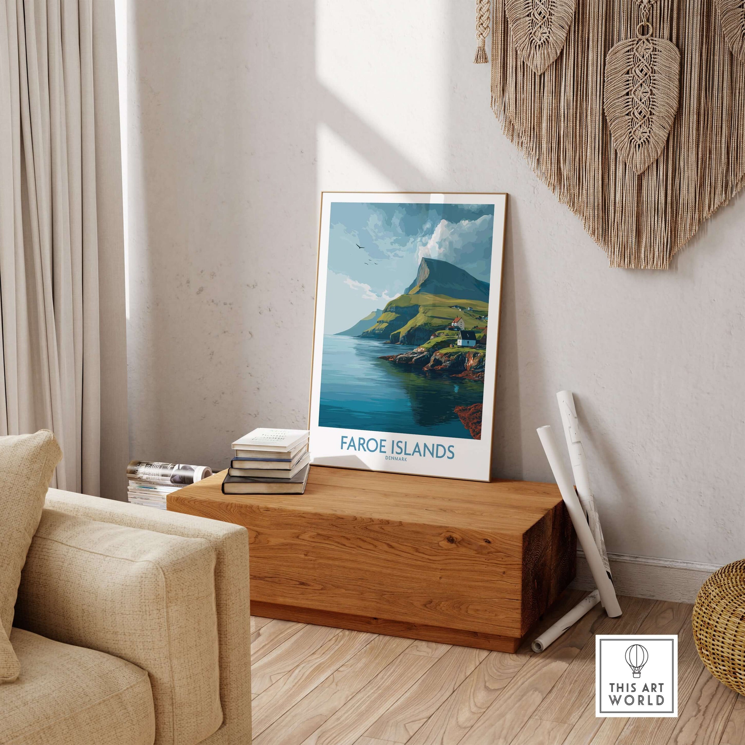 Faroe Islands Print | Dramatic Cliffs Travel Poster displayed in a stylish room interior.