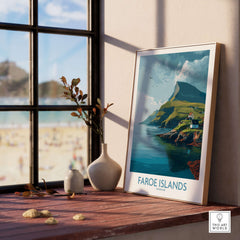 Faroe Islands Print | Dramatic Cliffs Travel Poster displayed in a bright room with coastal view.