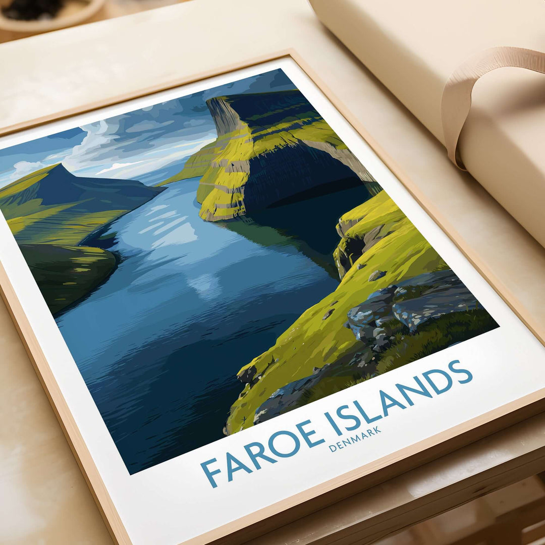 Faroe Islands Fjord Landscape Art Print featuring serene water reflections and majestic landscapes.