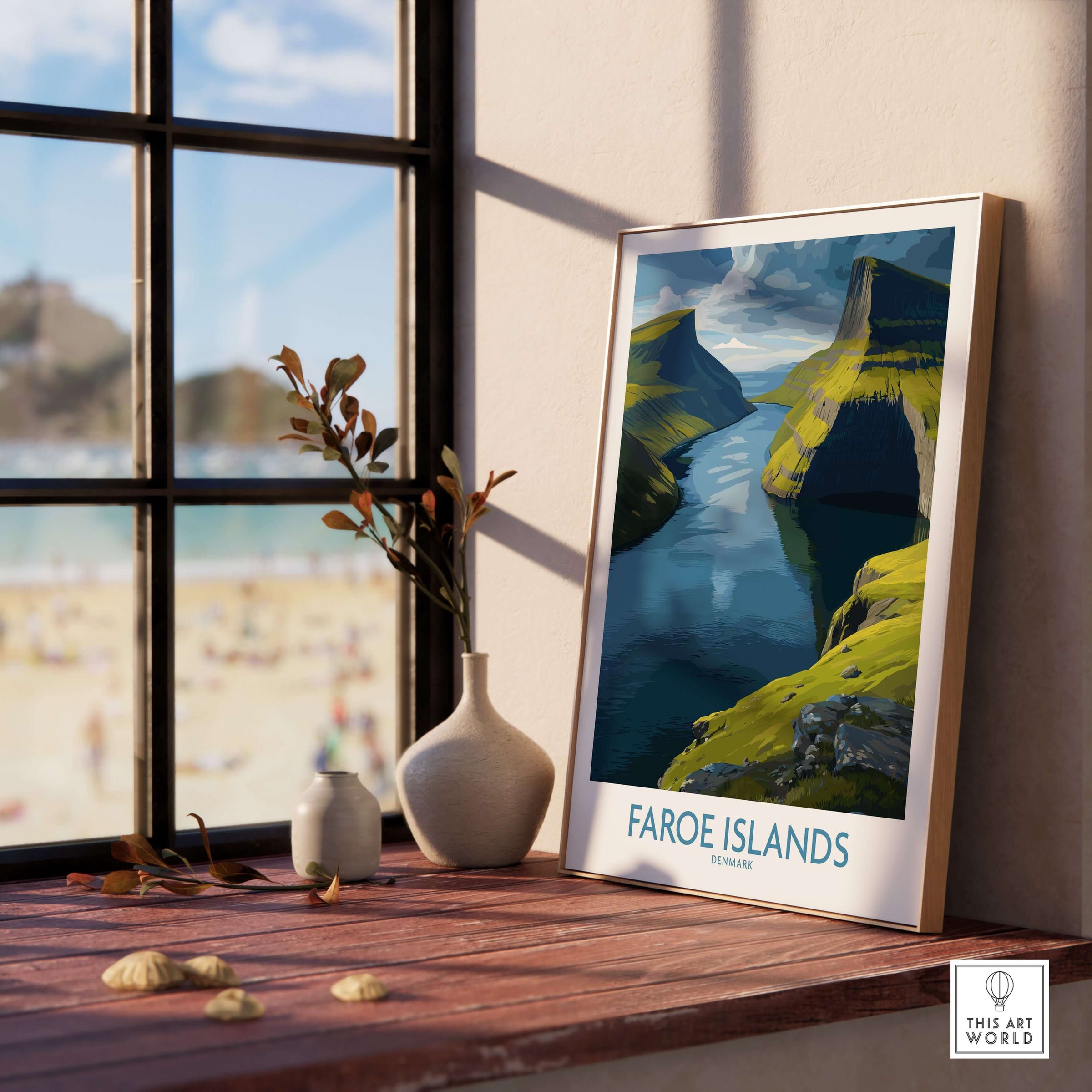 Faroe Islands Fjord Landscape Art Print displayed in a sunlit room, highlighting its serene water reflection and majestic landscapes.