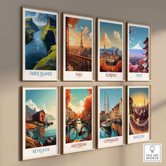 Various art prints on wall including Faroe Islands Fjord Landscape Art Print among cityscapes from Paris, Florence, Tokyo, and more.