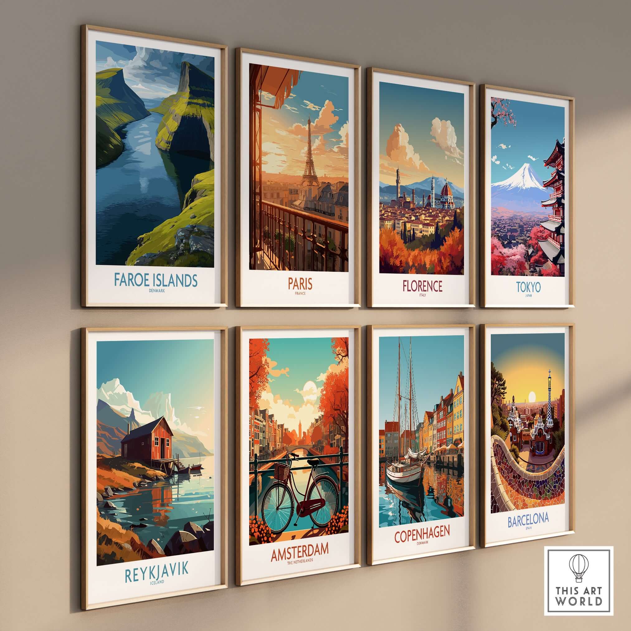 Various art prints on wall including Faroe Islands Fjord Landscape Art Print among cityscapes from Paris, Florence, Tokyo, and more.