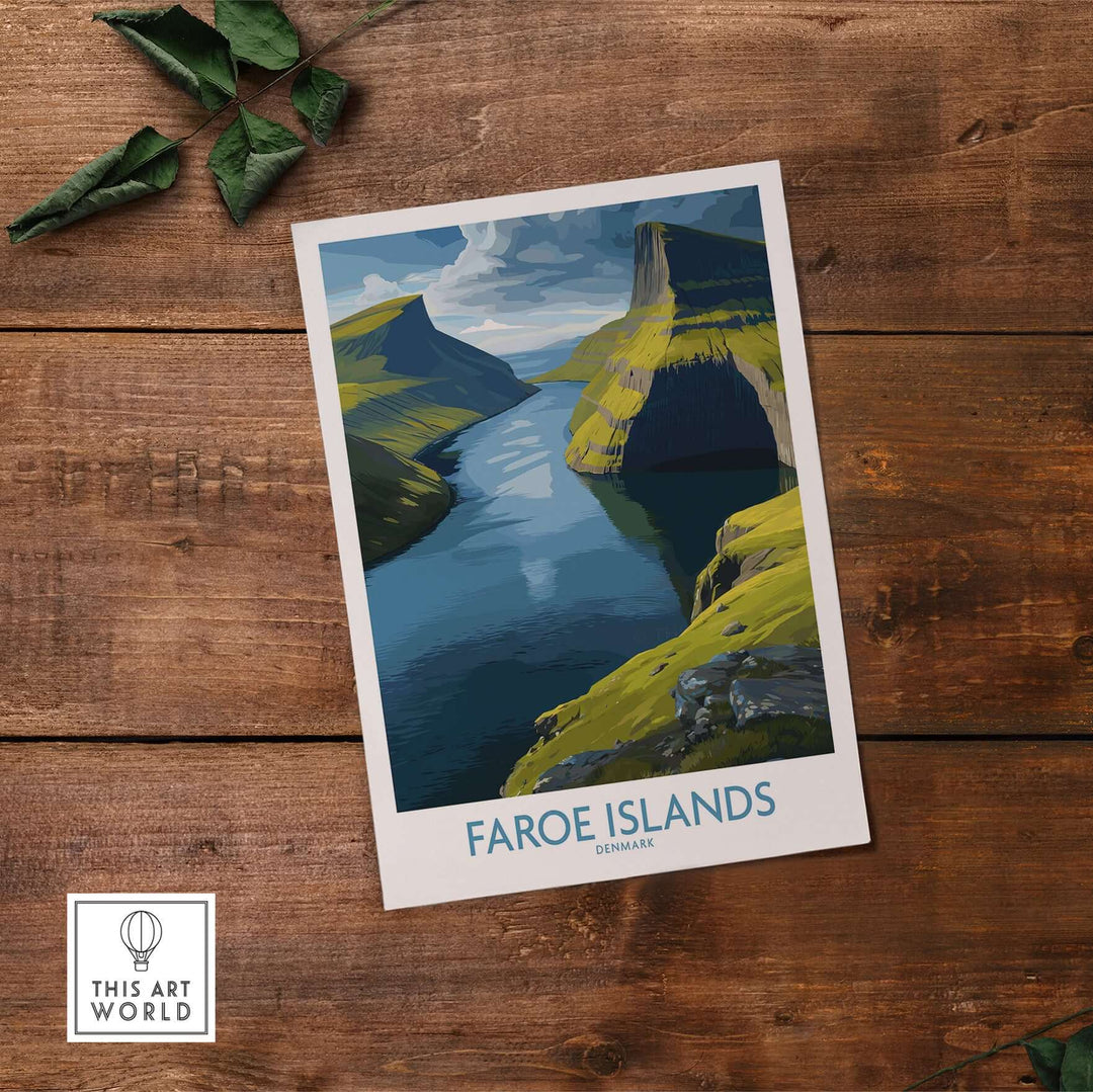 Faroe Islands Fjord Landscape Art Print featuring serene water reflection and majestic landscapes.