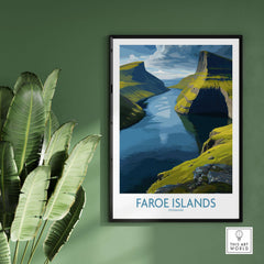 Faroe Islands Fjord Landscape Art Print showcasing serene waters and majestic landscapes.